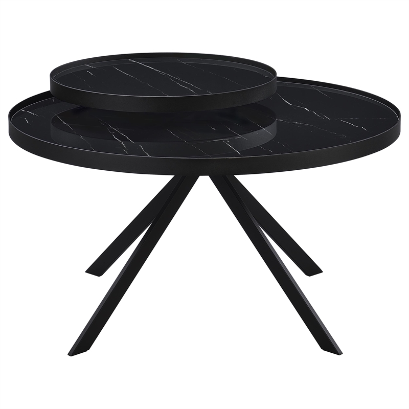 Pemberly Row Round Marble Printed Glass Top Coffee Table in Black