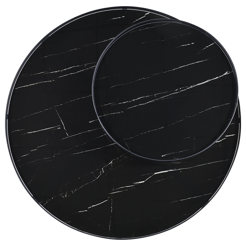 Pemberly Row Round Marble Printed Glass Top Coffee Table in Black