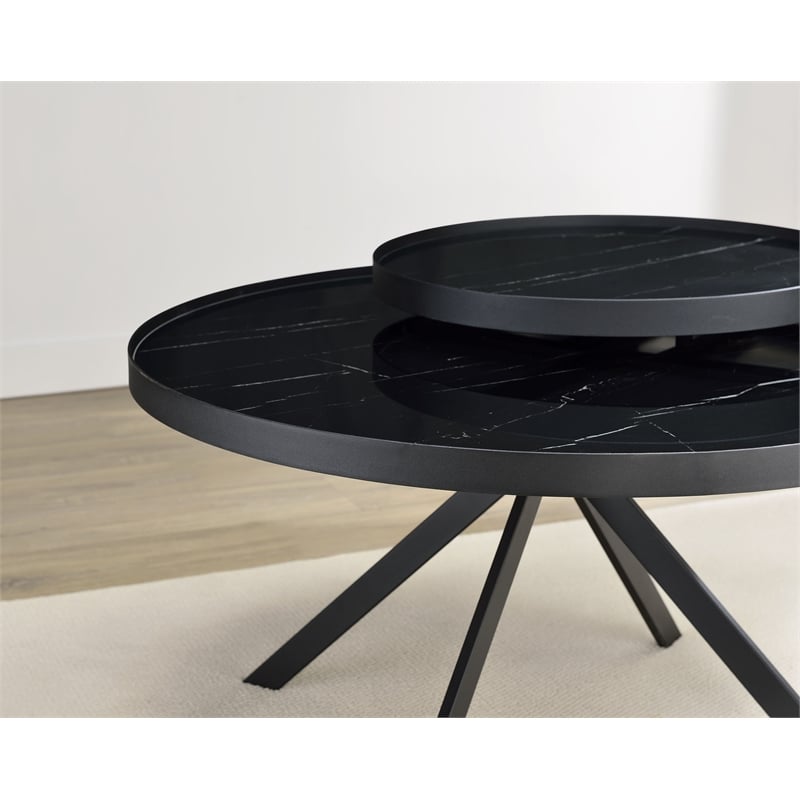 Pemberly Row Round Marble Printed Glass Top Coffee Table in Black