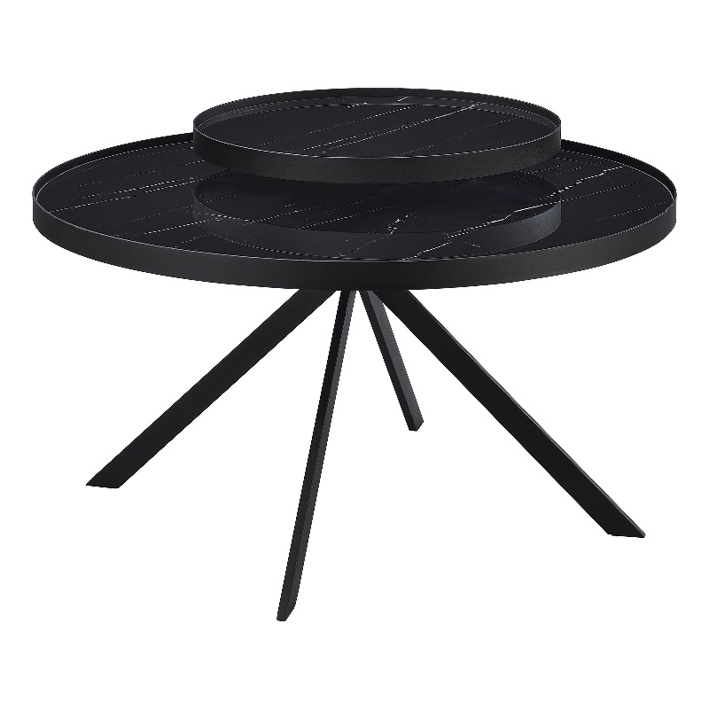 Pemberly Row Round Marble Printed Glass Top Coffee Table in Black