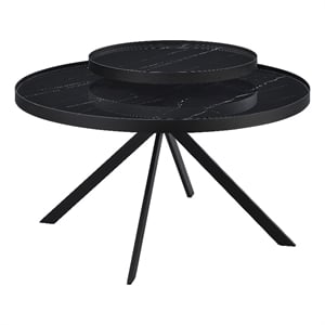 Pemberly Row Round Marble Printed Glass Top Coffee Table in Black