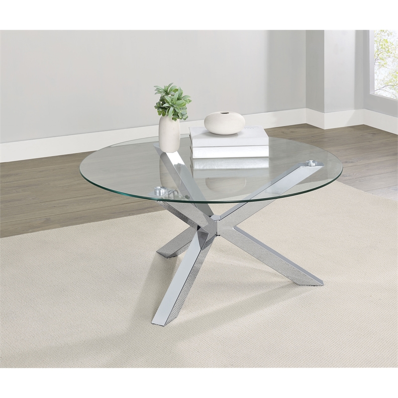 Pemberly Row Round Tempered Glass Top Cocktail Coffee Table in Chrome