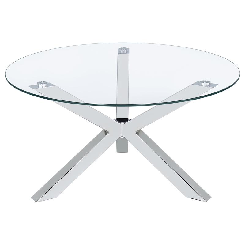 Pemberly Row Round Tempered Glass Top Cocktail Coffee Table in Chrome
