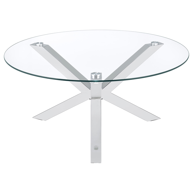 Pemberly Row Round Tempered Glass Top Cocktail Coffee Table in Chrome