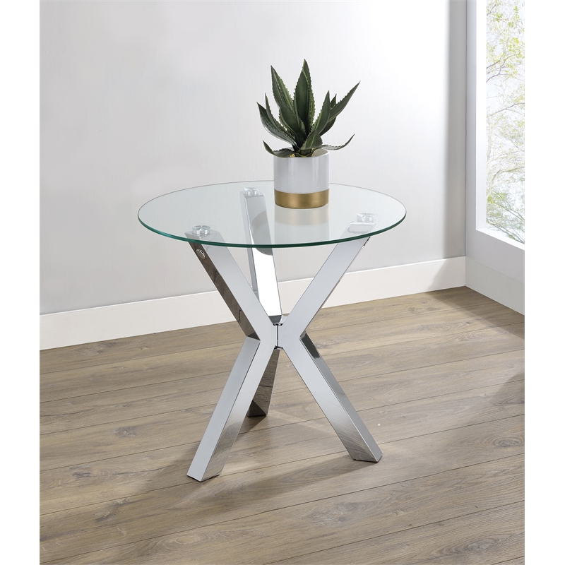 Pemberly Row Round Tempered Glass Top End Side Table in Chrome