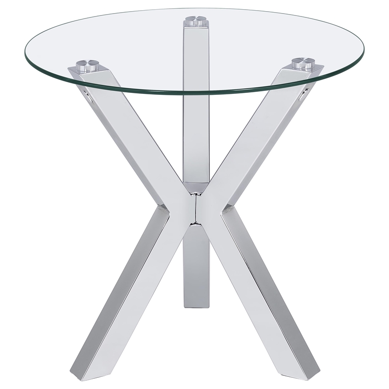 Pemberly Row Round Tempered Glass Top End Side Table in Chrome
