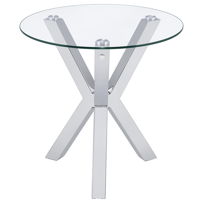 Pemberly Row Round Tempered Glass Top End Side Table in Chrome