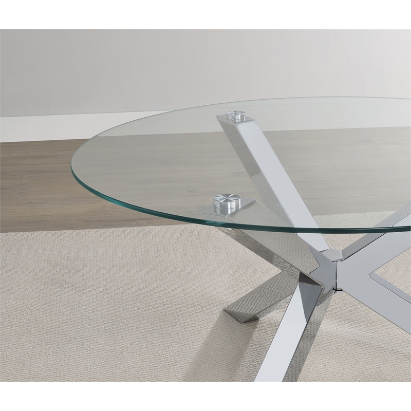 Pemberly Row Round Tempered Glass Top End Side Table in Chrome