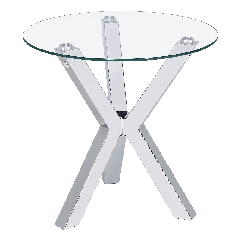 Pemberly Row Round Tempered Glass Top End Side Table in Chrome