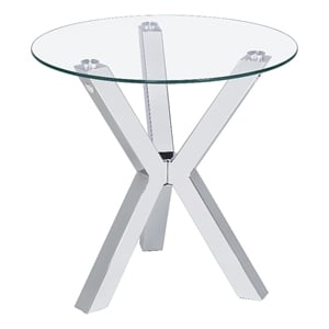 Pemberly Row Round Tempered Glass Top End Side Table in Chrome