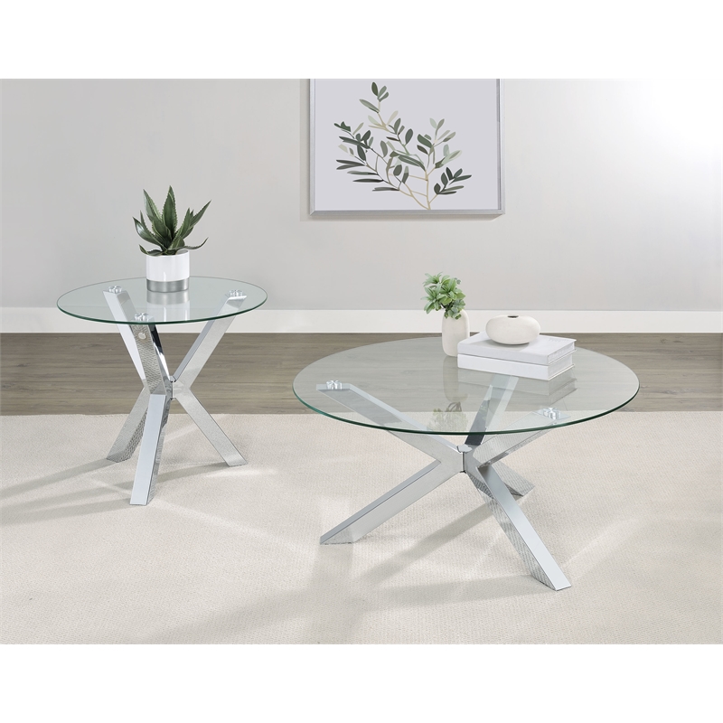 Pemberly Row 2-piece Round Glass Coffee and End Table Set in Chrome