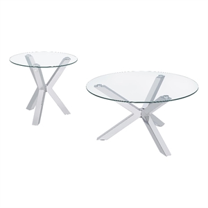 Pemberly Row 2-piece Round Glass Coffee and End Table Set in Chrome