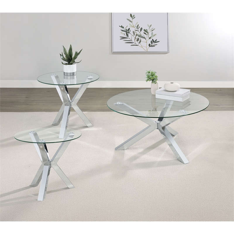 Pemberly Row 3-piece Round Glass Coffee and End Table Set in Chrome