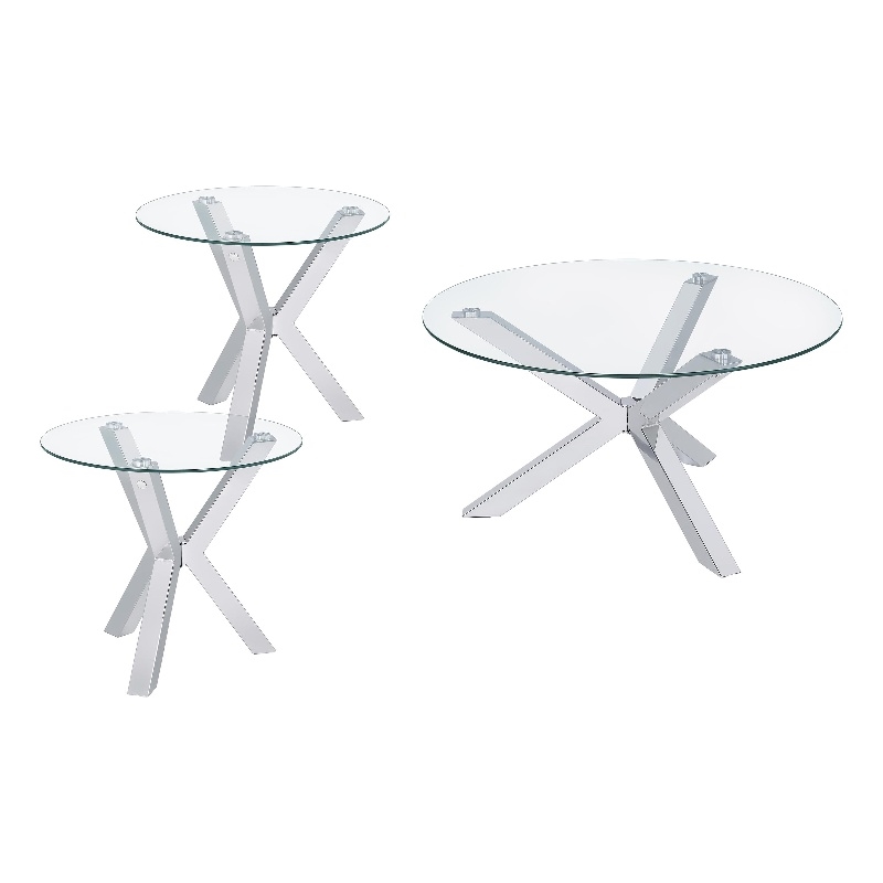 Pemberly Row 3-piece Round Glass Coffee and End Table Set in Chrome
