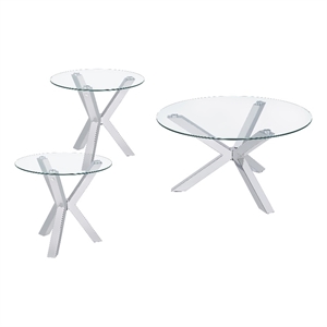 Pemberly Row 3-piece Round Glass Coffee and End Table Set in Chrome