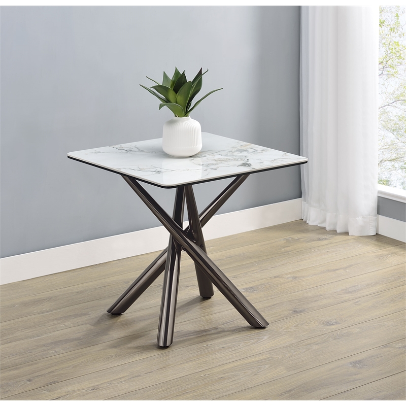 Pemberly Row Square Sintered Stone End Side Table in Mirage White
