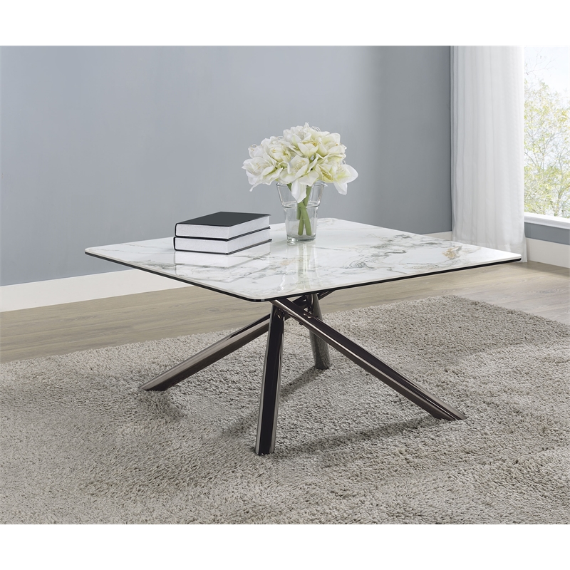 Pemberly Row Square Sintered Stone Top Coffee Table in Mirage White