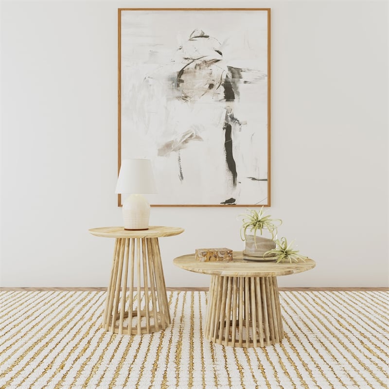 Pemberly Row 2-piece Round Coffee and End Table Set in Natural Mango