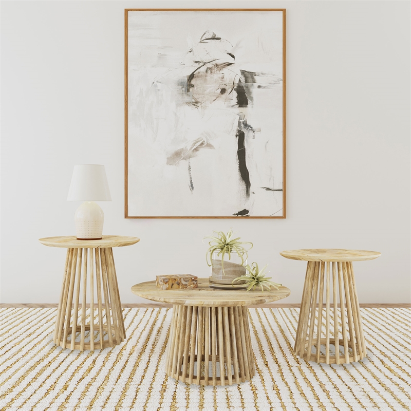 Pemberly Row 3-piece Round Coffee and End Table Set in Natural Mango