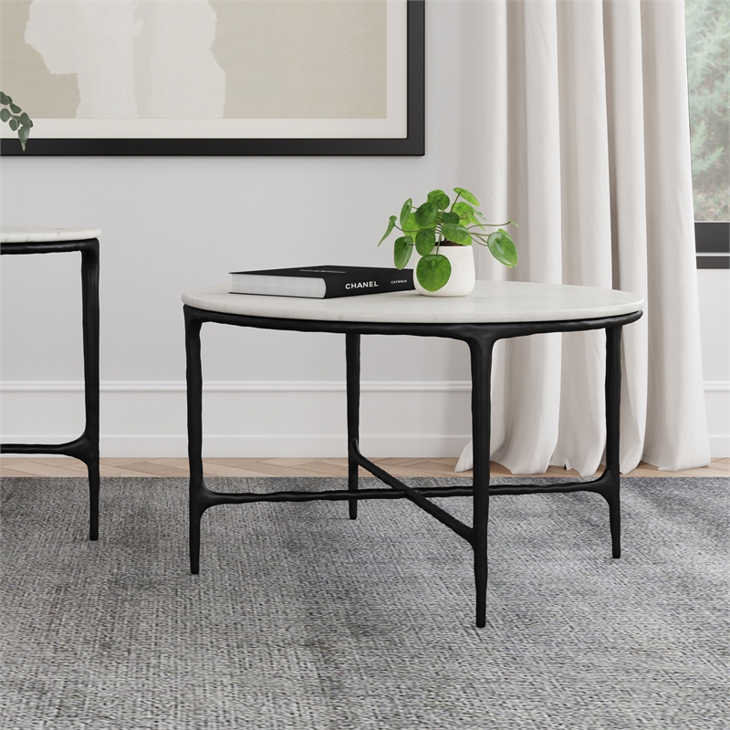 Pemberly Row Round Genuine Marble Top Metal Coffee Table in White