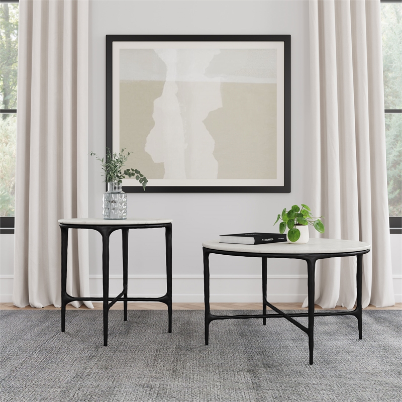 Pemberly Row 2-piece Round Marble Coffee and End Table Set in White