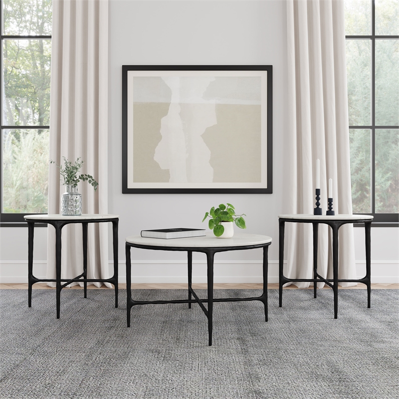 Pemberly Row 3-piece Round Marble Coffee and End Table Set in White
