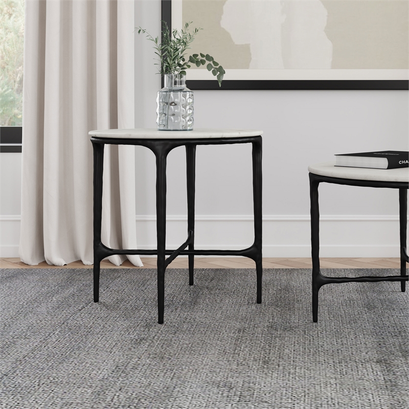 Pemberly Row Round Genuine Marble Top Metal End Side Table in White