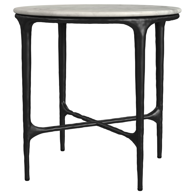 Pemberly Row Round Genuine Marble Top Metal End Side Table in White