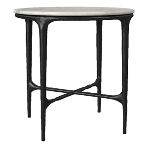 Pemberly Row Round Genuine Marble Top Metal End Side Table in White