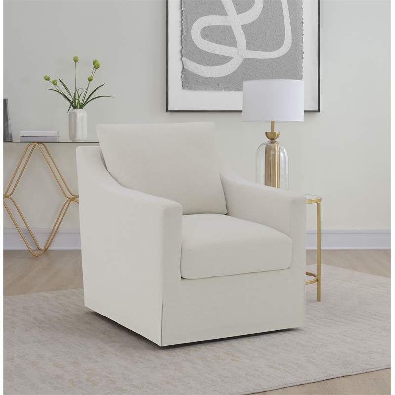 Pemberly Row Fabric Upholstered Sloped Arm Swivel Chair in Beige