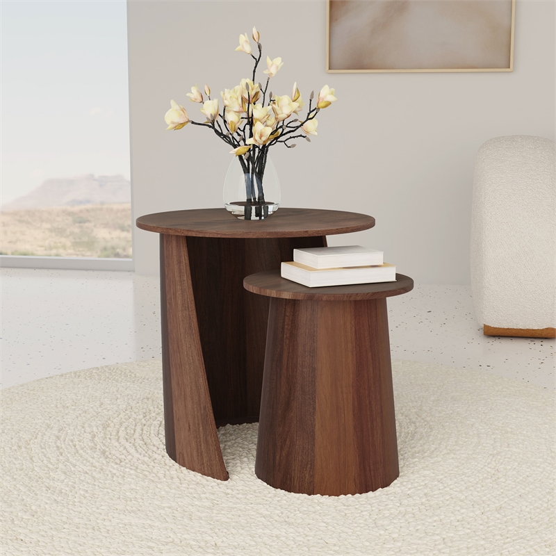 Pemberly Row 2-piece Round Mango Wood Nesting Table Set in Dark Brown