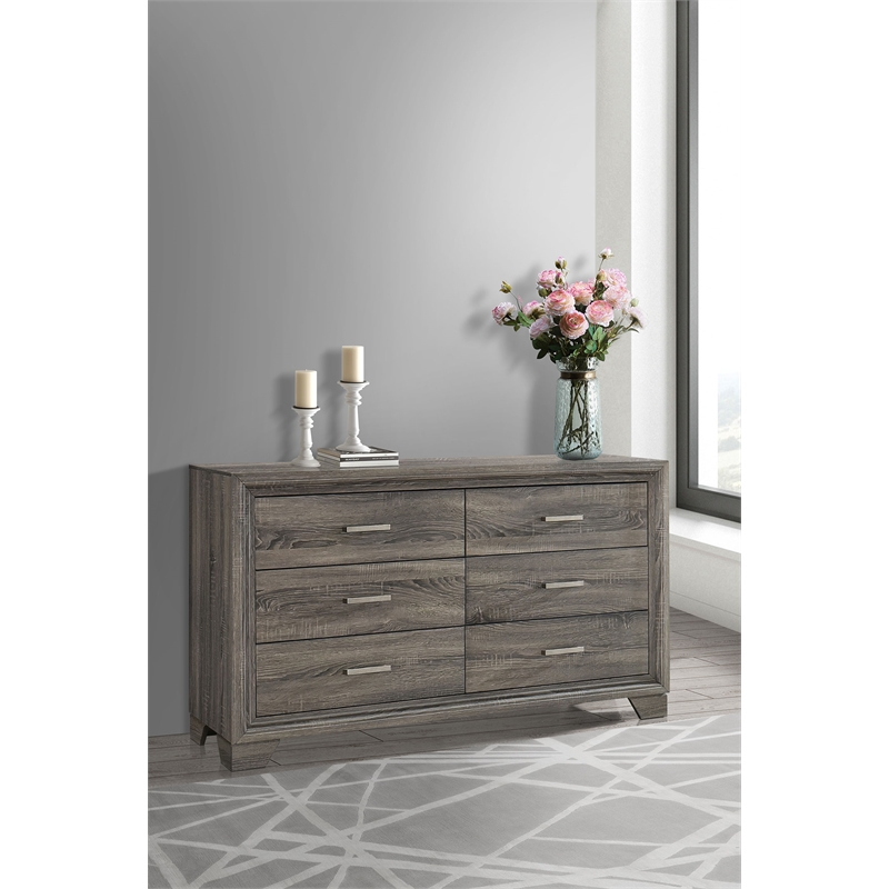 Pemberly Row Transitional 6-drawer Dresser Cabinet in Brown Oak