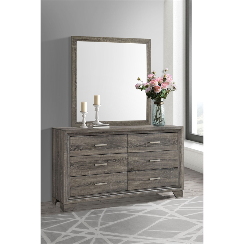 Pemberly Row Transitional 6-drawer Dresser and Mirror in Brown Oak