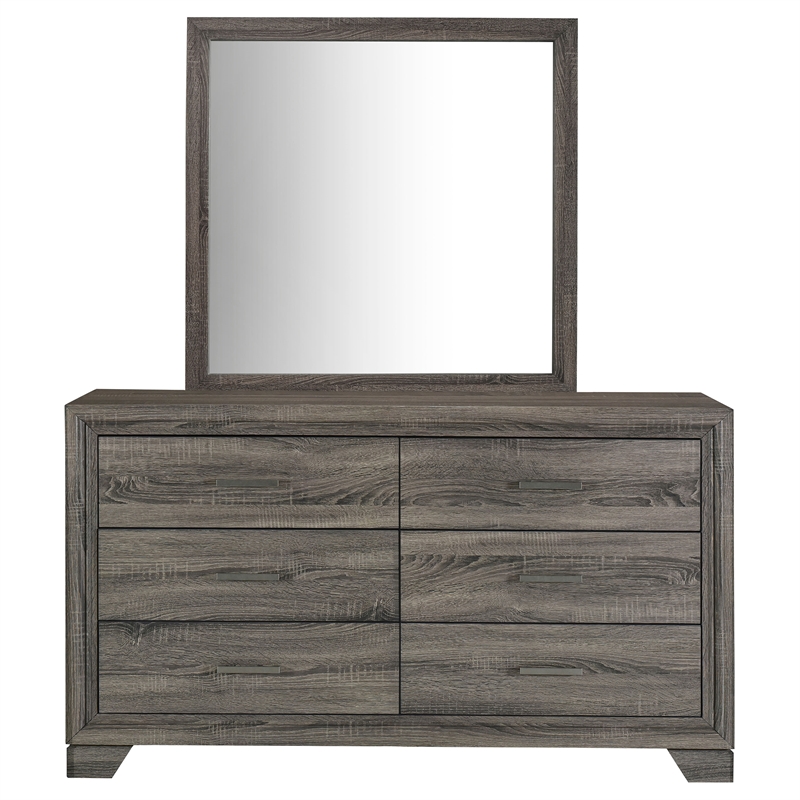 Pemberly Row Transitional 6-drawer Dresser and Mirror in Brown Oak
