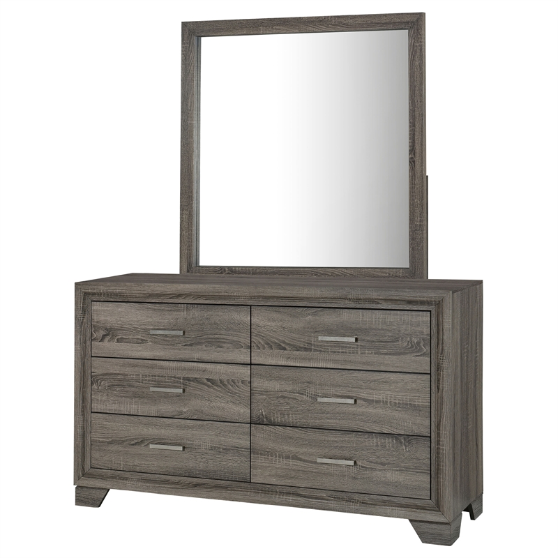 Pemberly Row Transitional 6-drawer Dresser and Mirror in Brown Oak