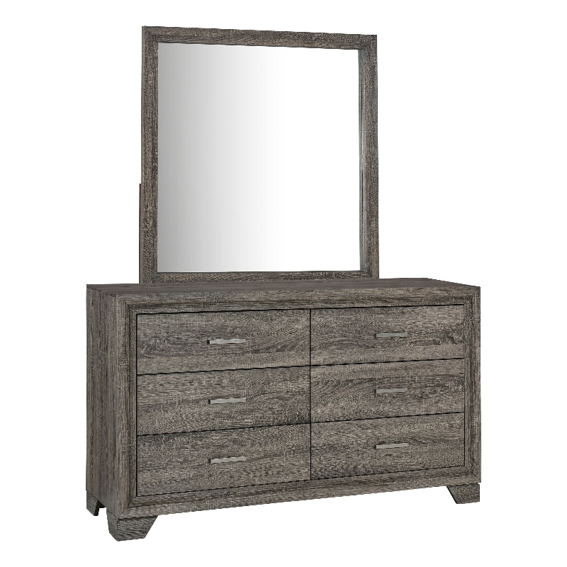 Pemberly Row Transitional 6-drawer Dresser and Mirror in Brown Oak