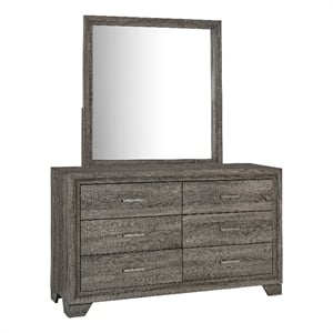 Pemberly Row Transitional 6-drawer Dresser and Mirror in Brown Oak