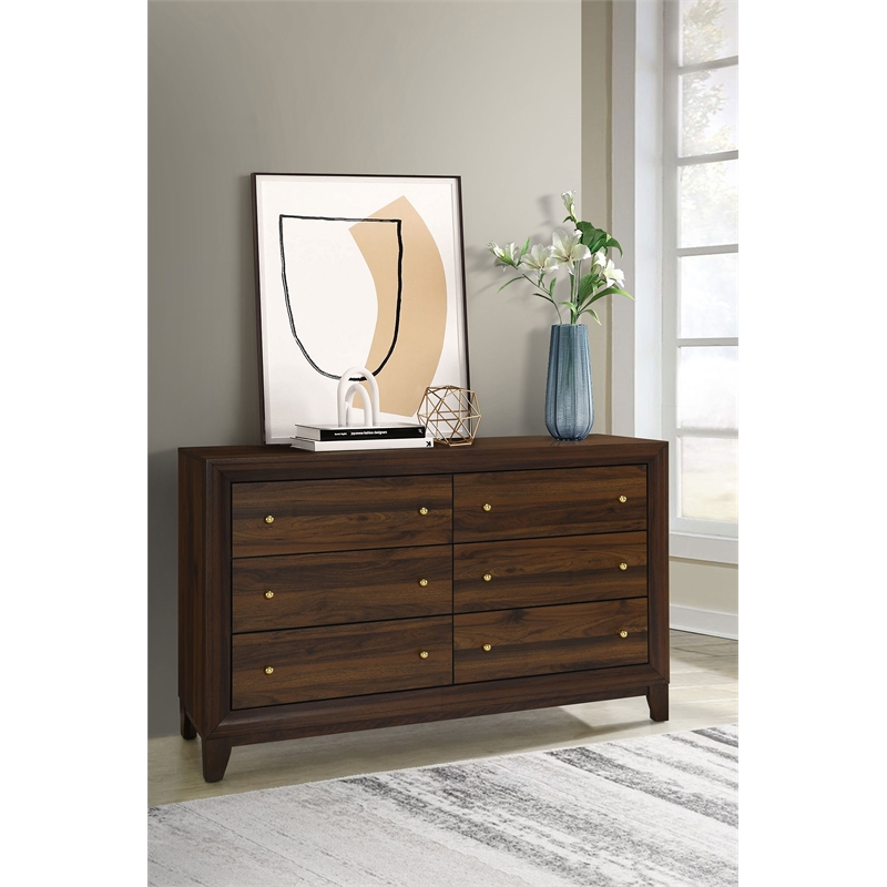 Pemberly Row 6-drawer Dresser Cabinet with Gold Knobs in Walnut