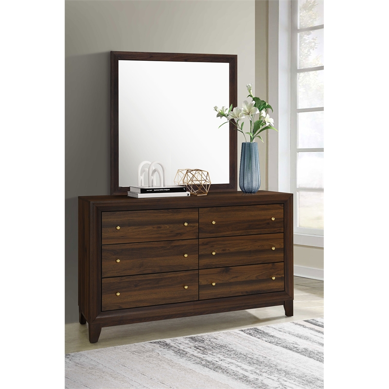 Pemberly Row 6-drawer Dresser and Mirror with Gold Knobs in Walnut