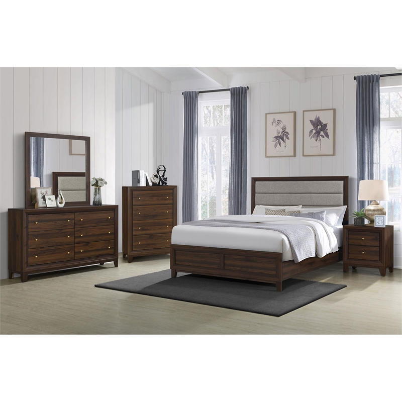 Pemberly Row 6-drawer Dresser and Mirror with Gold Knobs in Walnut