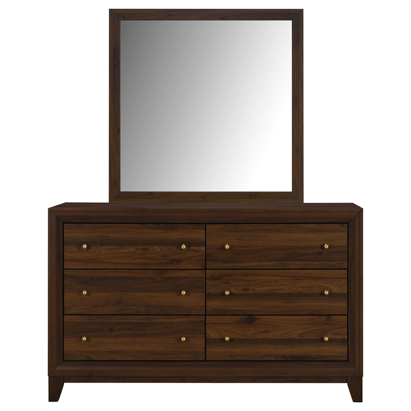 Pemberly Row 6-drawer Dresser and Mirror with Gold Knobs in Walnut