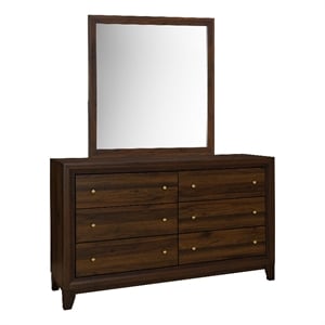 Pemberly Row 6-drawer Dresser and Mirror with Gold Knobs in Walnut