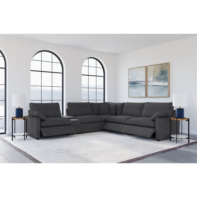 Pemberly Row 6-piece Fabric Modular Power Reclining Sectional in Dark Gray