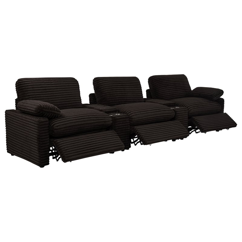 pemberly row 5-piece fabric power reclining home theater seating in brown