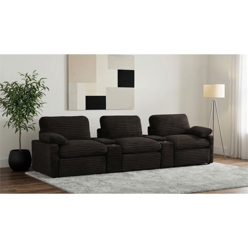 pemberly row 5-piece fabric power reclining home theater seating in brown