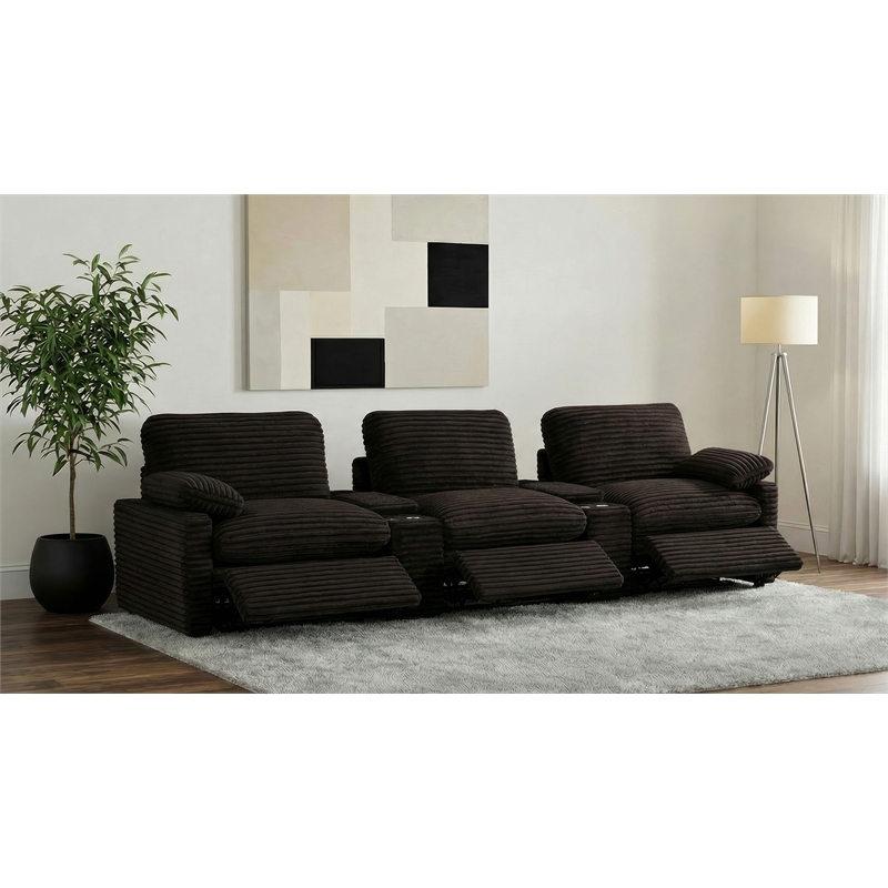 pemberly row 5-piece fabric power reclining home theater seating in brown