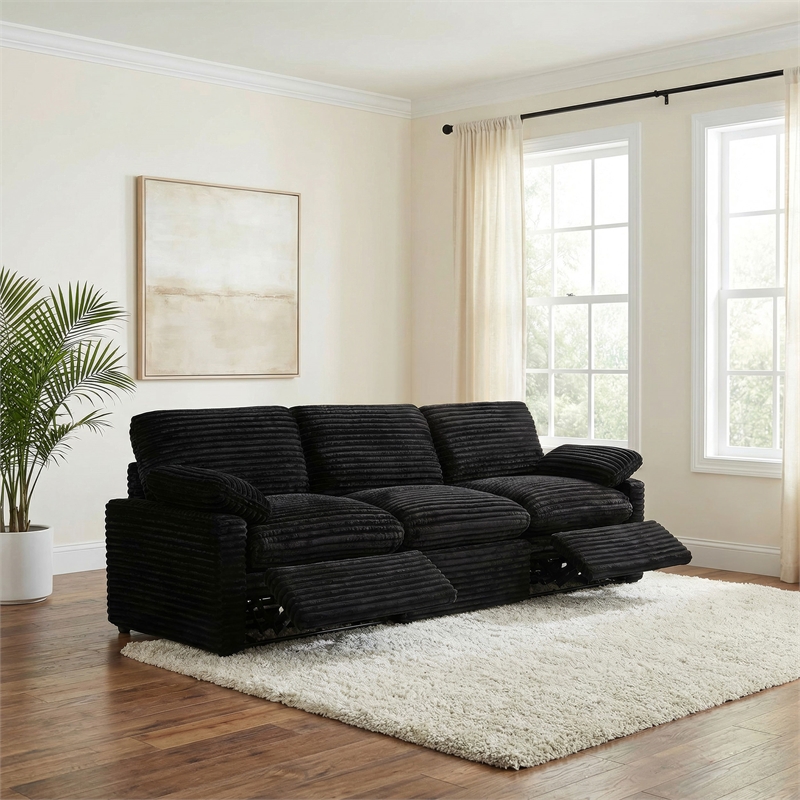 Pemberly Row Modular Upholstery Fabric Corduroy Power Sofa in Black