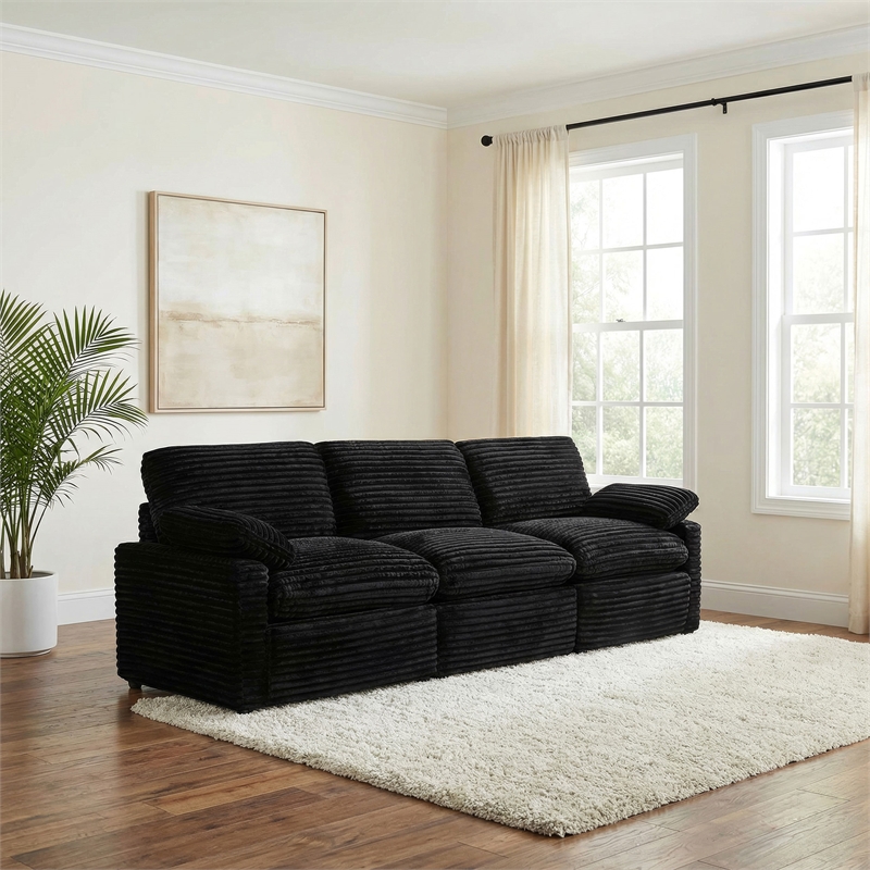 Pemberly Row Modular Upholstery Fabric Corduroy Power Sofa in Black
