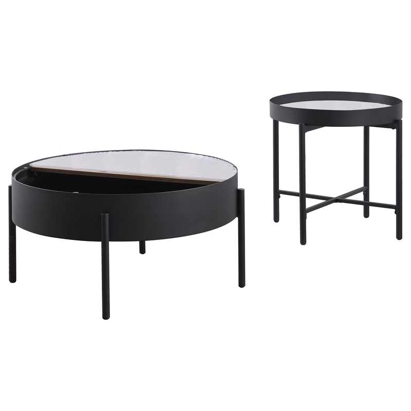 Pemberly Row 2-piece Round Coffee and End Table Set in Sandy Black