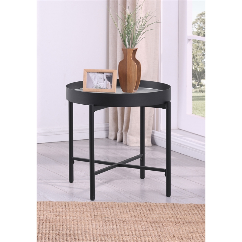 Pemberly Row Round End Side Table with Recessed Top in Sandy Black